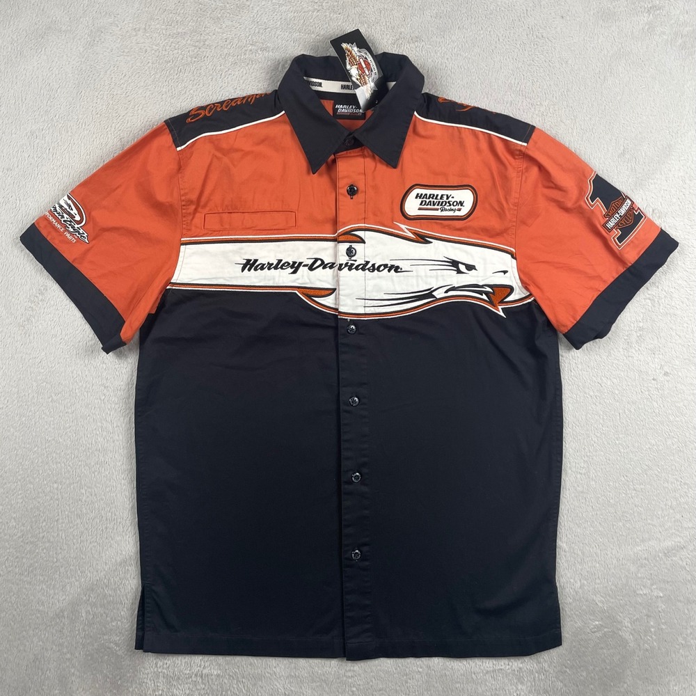 New Harley Davidson Shirt Mens Small Orange Black Vintage Embroidered Button Up